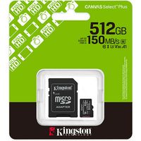 Scheda SD Kingston 512GB microSDXC Canvas Select Plus Gen3 150MB/s A1 Card + Adapter