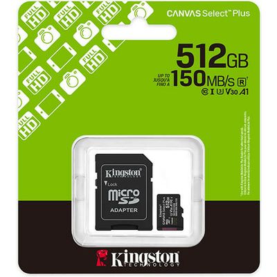 Scheda SD Kingston 512GB microSDXC Canvas Select Plus Gen3 150MB/s A1 Card + Adapter